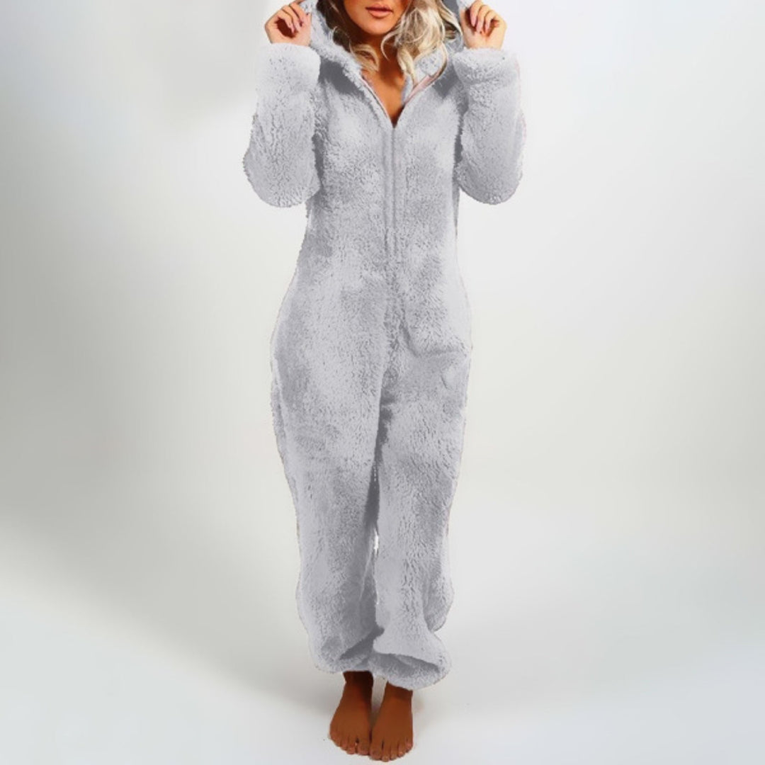 Graue Damen Plüsch-Winter-Pyjama, langärmelig, Kapuze, Reißverschluss, Plus-Size, warm.