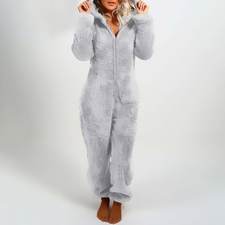 Graue Damen Plüsch-Winter-Pyjama, langärmelig, Kapuze, Reißverschluss, Plus-Size, warm.