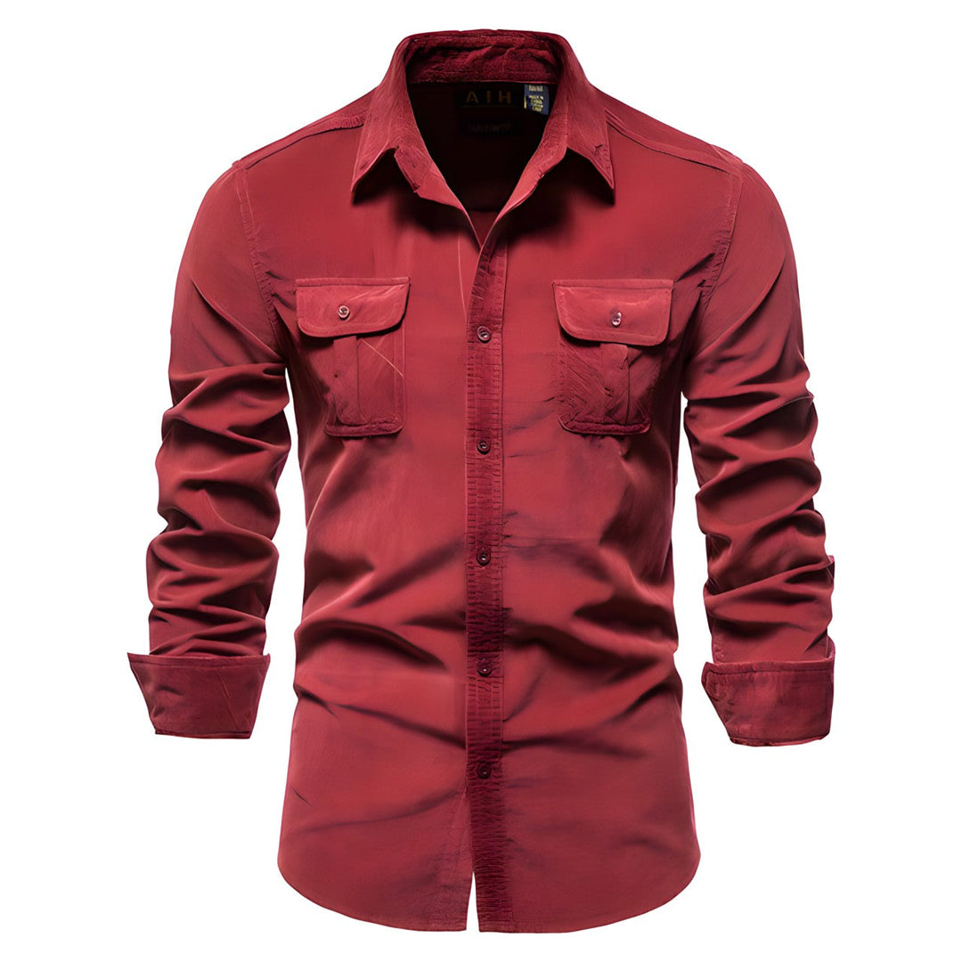 Rotes Herrenhemd aus Cord, einreihig, 100% Baumwolle, Business Casual, Mode.