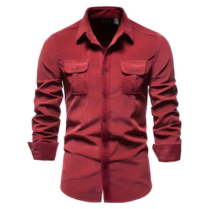 Rotes Herrenhemd aus Cord, einreihig, 100% Baumwolle, Business Casual, Mode.
