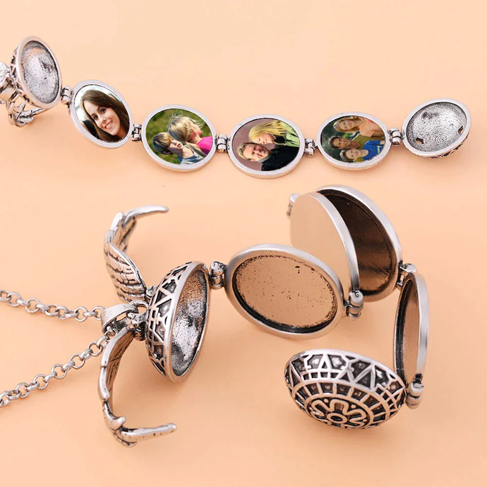 Bohemian Schmuckset: Silberne Kette mit Engelsflügel-Anhänger und Fotoarmband, modisch, elegant.