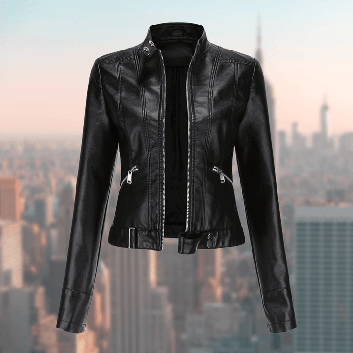 Schwarze Damen-Lederjacke mit Reißverschlüssen, modisch, elegant, ideal für Herbst und Winter.