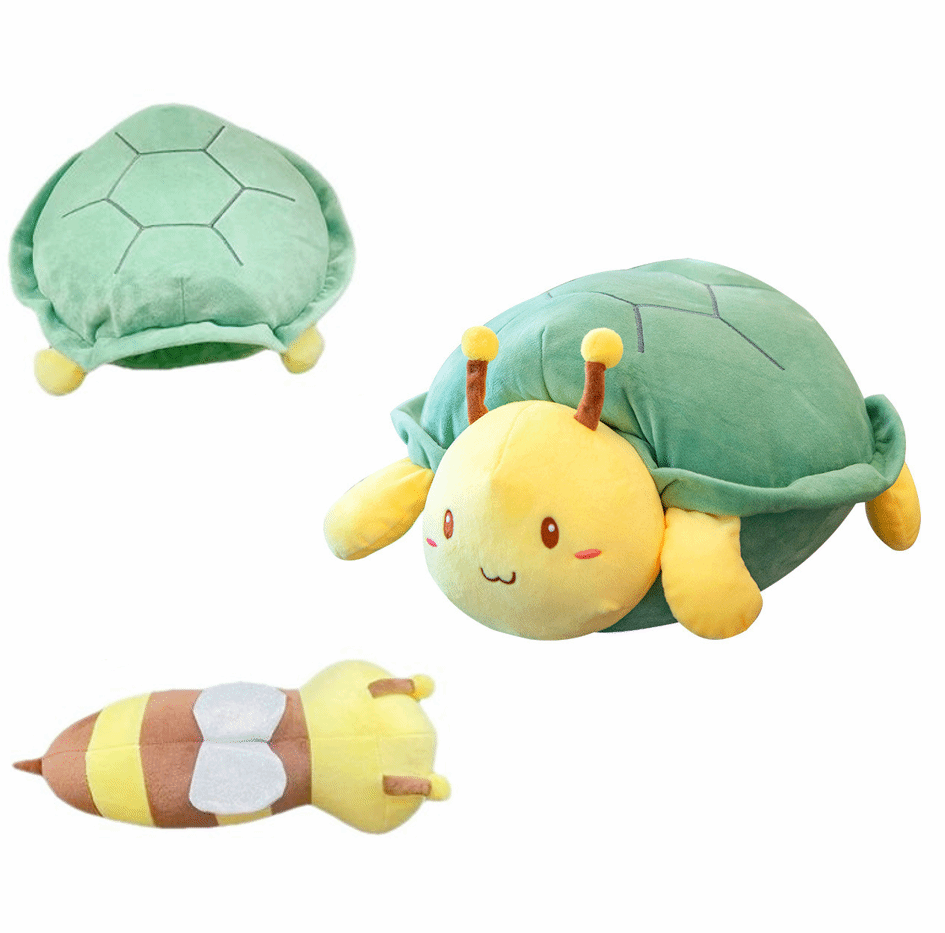 Grünes Schildkröten-Plüschtier mit gelbem Gesicht und abnehmbarem Panzer, Kuscheltier.