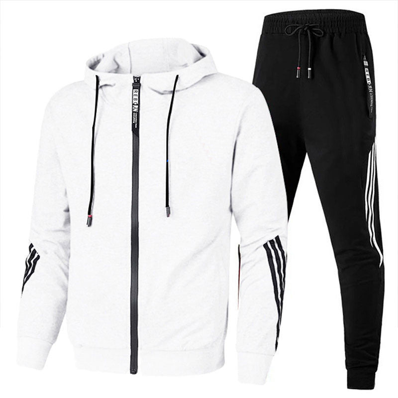Weißer Hoodie und schwarze Jogginghose mit Streifen, Sportbekleidung Herren, bequemes Set