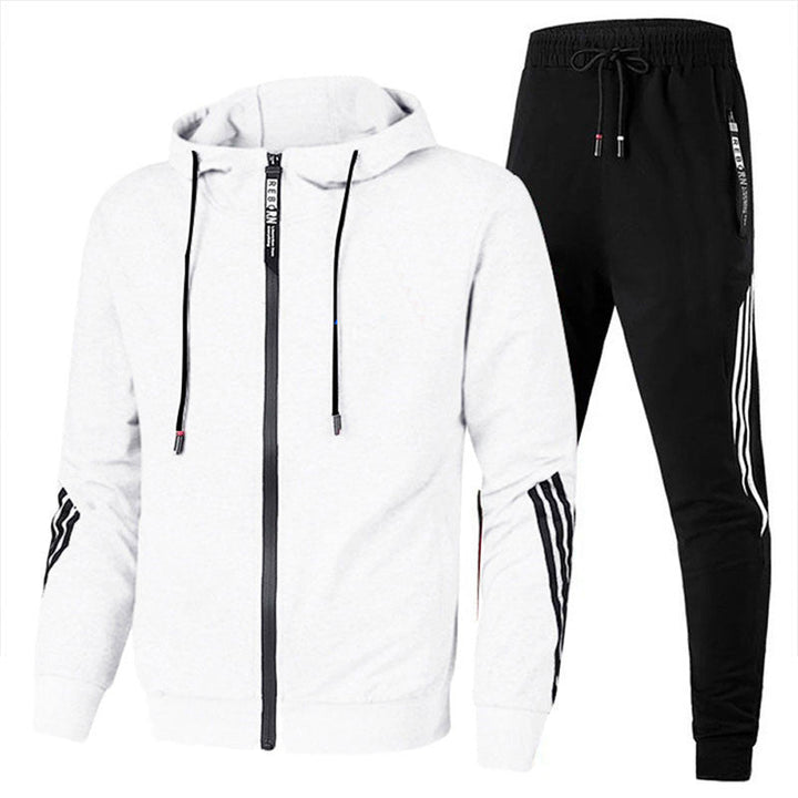 Weißer Hoodie und schwarze Jogginghose mit Streifen, Sportbekleidung Herren, bequemes Set