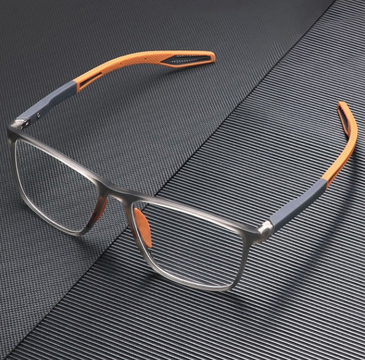 Ultraleichte Herren Lesebrille, grau-orange, Anti-Blau-Licht, modernes Design.