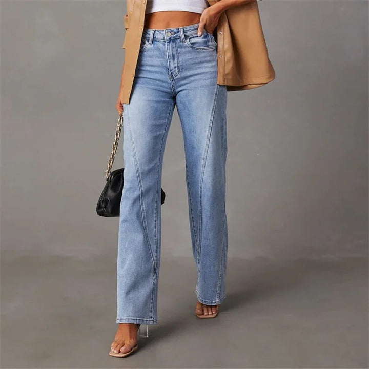 Damen Patchwork-Jeans, hellblau, weites Bein, mittlere Taille, modisch, Denim, 2024.