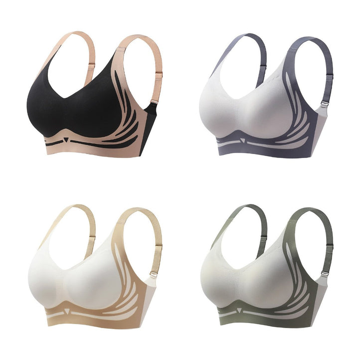 Vier nahtlose BHs in Schwarz, Weiß, Beige und Grün mit verstellbaren Trägern.
