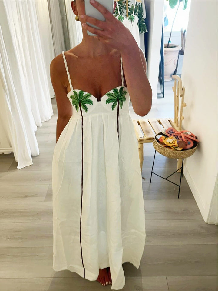 Trendy šaty na ramínka s tropickým palmovým potiskem – Estelle