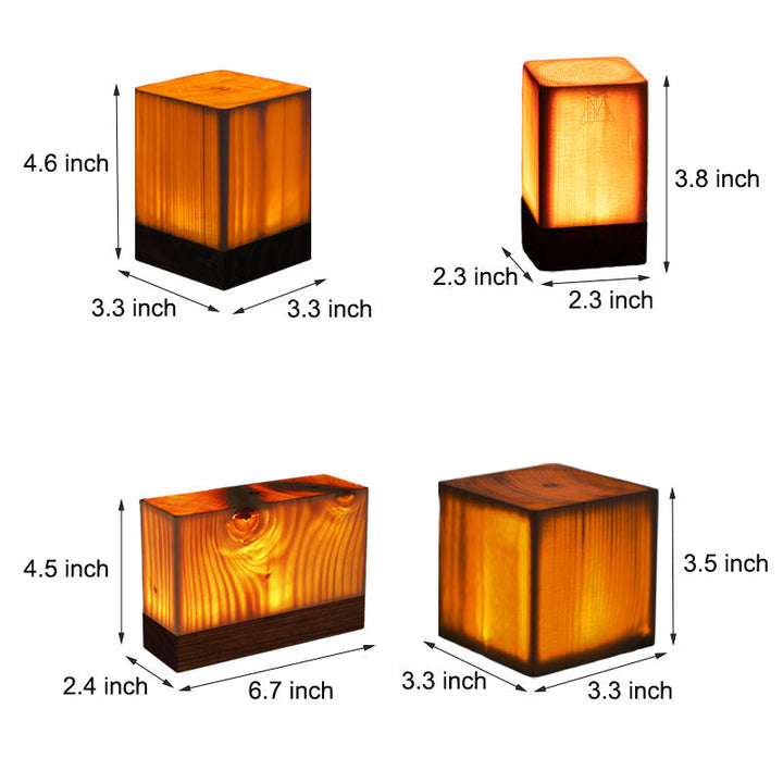 Vier rechteckige LED-Holzlampen, warmes Licht, verschiedene Größen, moderne Dekoration.
