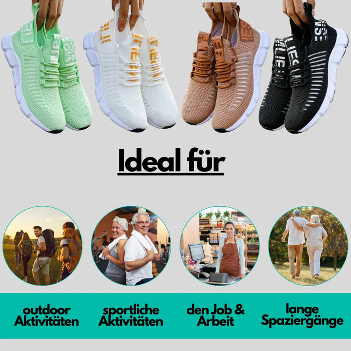Vier Paar Sportschuhe in Grün, Weiß, Braun und Schwarz, ideal für Outdoor-Aktivitäten und Sport.