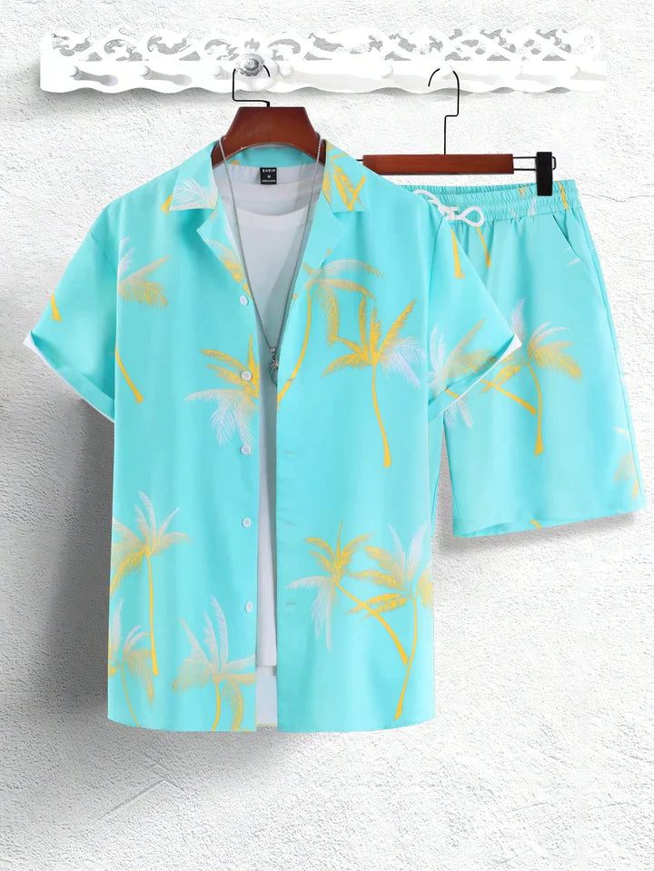 Herren Hawaiihemd und Shorts Set, türkis mit Palmenmuster, Sommermode, Freizeitkleidung.