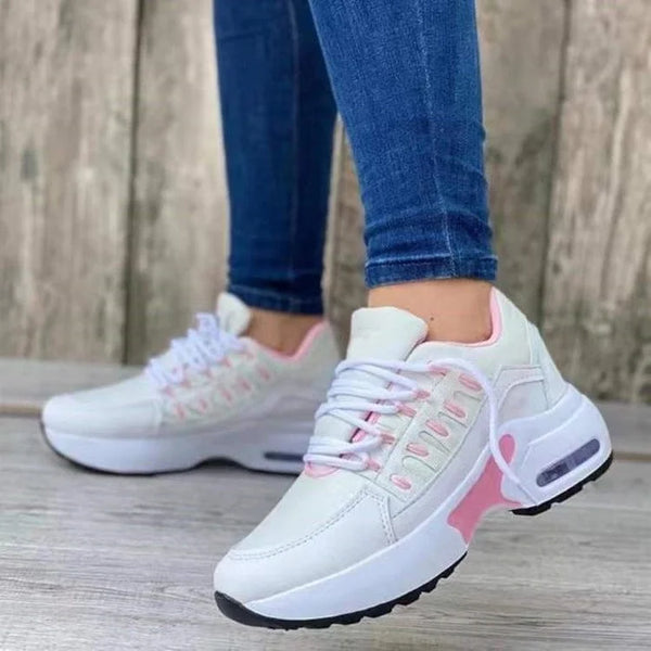Damen Sneaker weiß rosa, atmungsaktiv, bequem, Freizeitschuh, modisch, sportlich, Jeans.