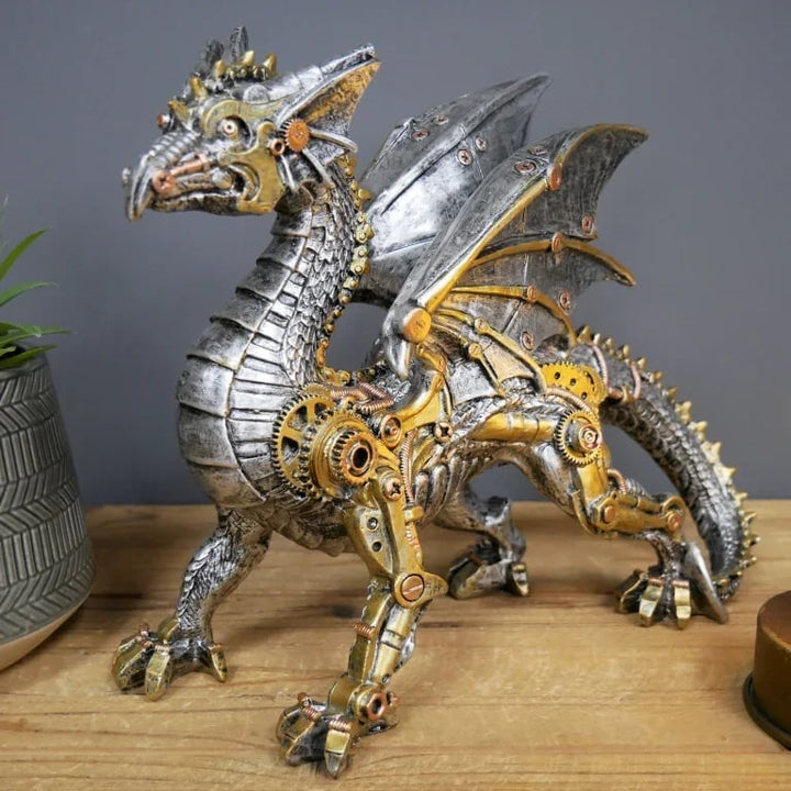 Steampunk-Drachenfigur aus Metall, silber-gold, mechanisches Design, Deko für Zuhause.