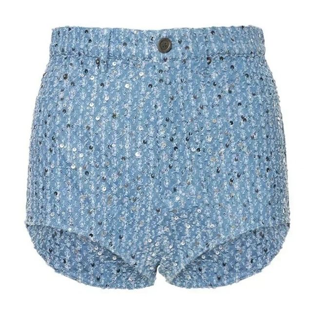 Blaue Pailletten-Shorts, Damenmode, glänzend, Sommerkleidung, modisch, elegant, Freizeit.