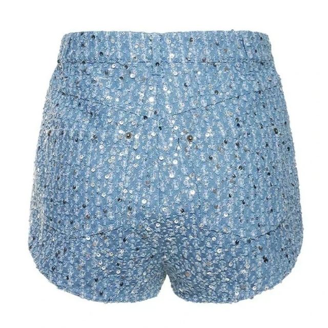 Blaue Pailletten-Shorts Damen, glitzernd, modisch, Sommermode, Party-Outfit, Rückansicht
