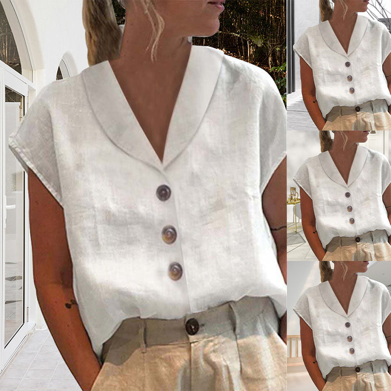 Weiße Leinenbluse mit V-Ausschnitt und Knöpfen, Damenmode, Sommeroutfit, elegant und luftig.