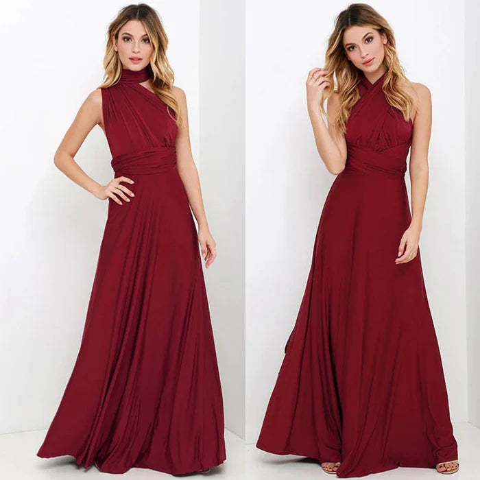 Frau in langem, rotem Abendkleid, elegantes Design, ärmellos, modisch, festliche Kleidung.