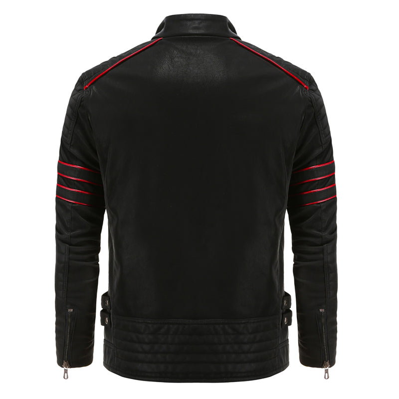 Schwarze Lederjacke mit roten Streifen, Herrenmode, Rückansicht, stilvoll und modern.