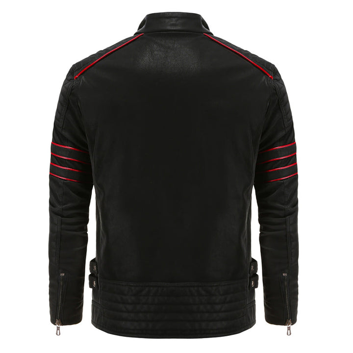Schwarze Lederjacke mit roten Streifen, Herrenmode, Rückansicht, stilvoll und modern.