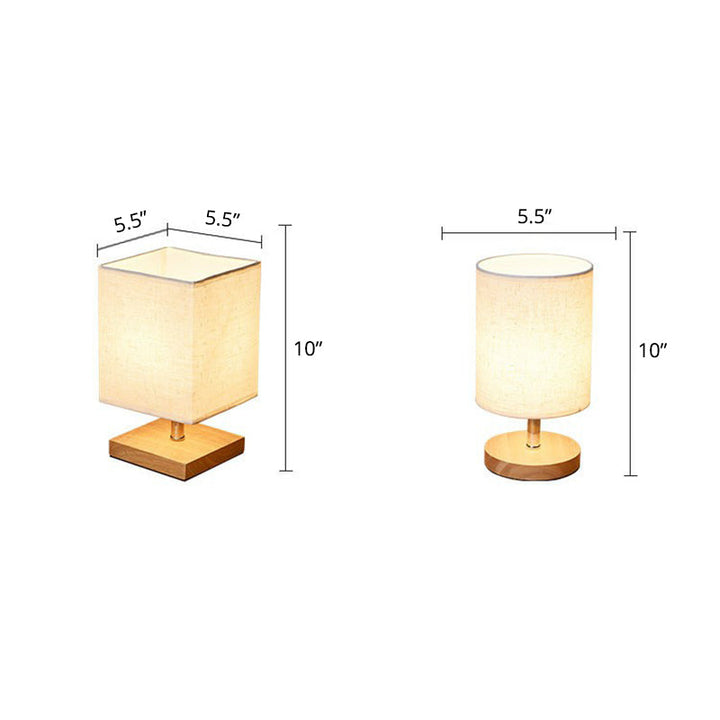 Zwei Tischlampen, beige Stoffschirm, Holzsockel, quadratisch und rund, 10 Zoll hoch.