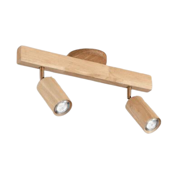 Holz-Deckenleuchte mit zwei verstellbaren LED-Spots, modernes Design, energiesparend.