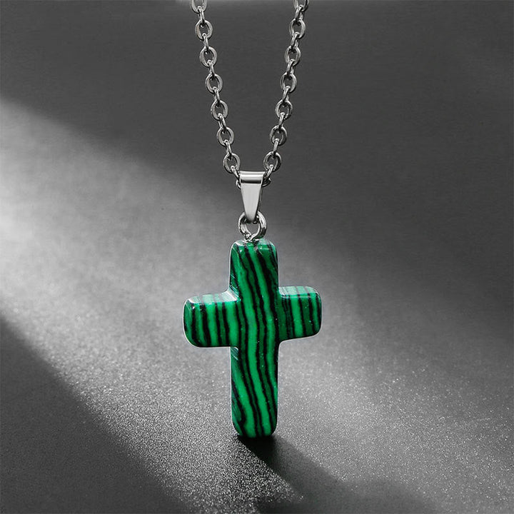 Grünes Kreuz-Anhänger aus Malachit mit silberner Kette, Schmuck für Damen und Herren.