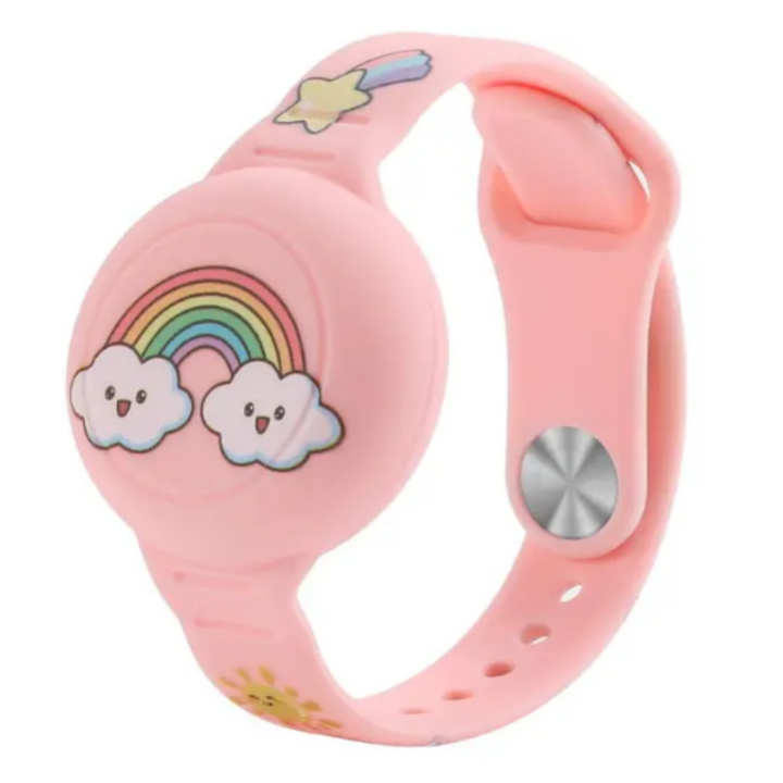 Rosa Kinderarmband mit Regenbogen- und Wolkenmotiv, Silikon, verstellbar, modisch.