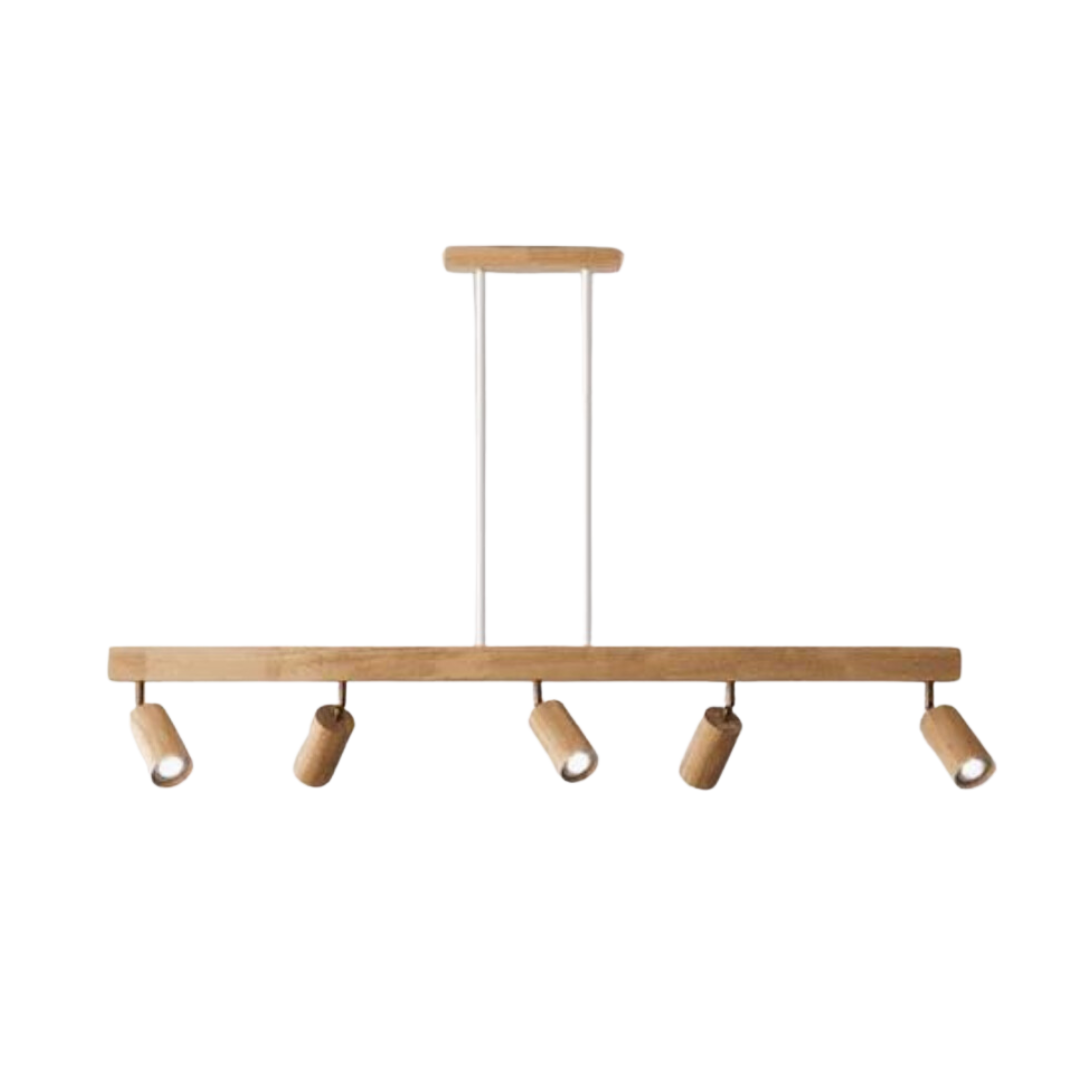 Moderne Holz-Pendelleuchte mit fünf verstellbaren Strahlern, ideal für Esszimmerbeleuchtung.
