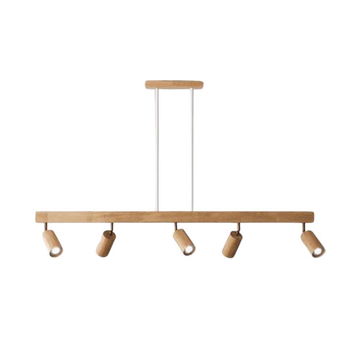 Moderne Holz-Pendelleuchte mit fünf verstellbaren Strahlern, ideal für Esszimmerbeleuchtung.