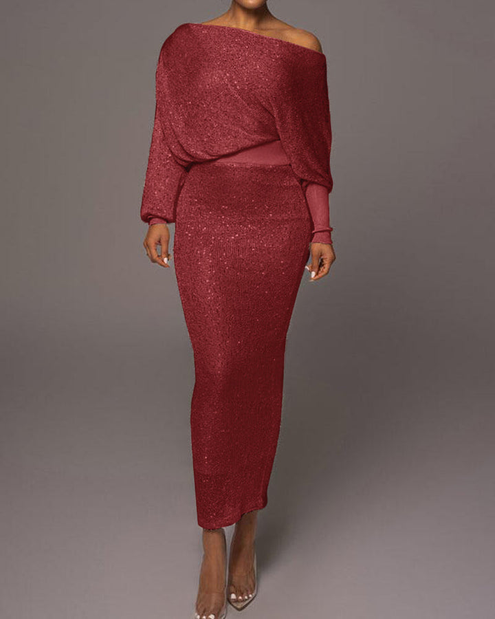 Rotes Paillettenkleid, schulterfrei, langärmelig, figurbetont, elegantes Abendoutfit.