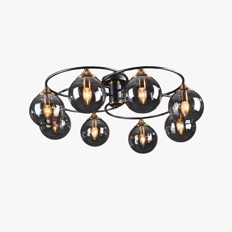 Moderne Deckenleuchte mit schwarzen Rauchglas-Kugeln, LED, Metallrahmen, Wohnzimmerbeleuchtung.