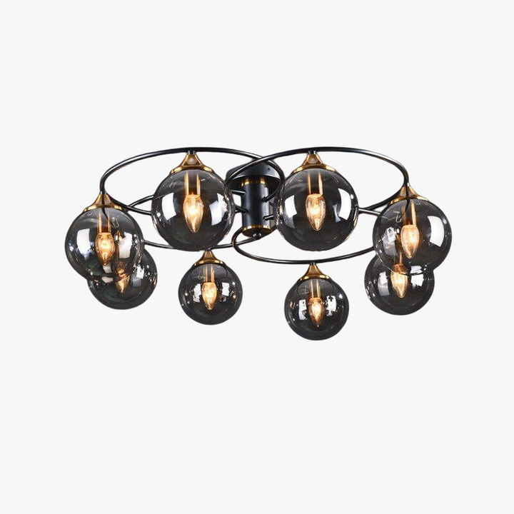 Moderne Deckenleuchte mit schwarzen Rauchglas-Kugeln, LED, Metallrahmen, Wohnzimmerbeleuchtung.