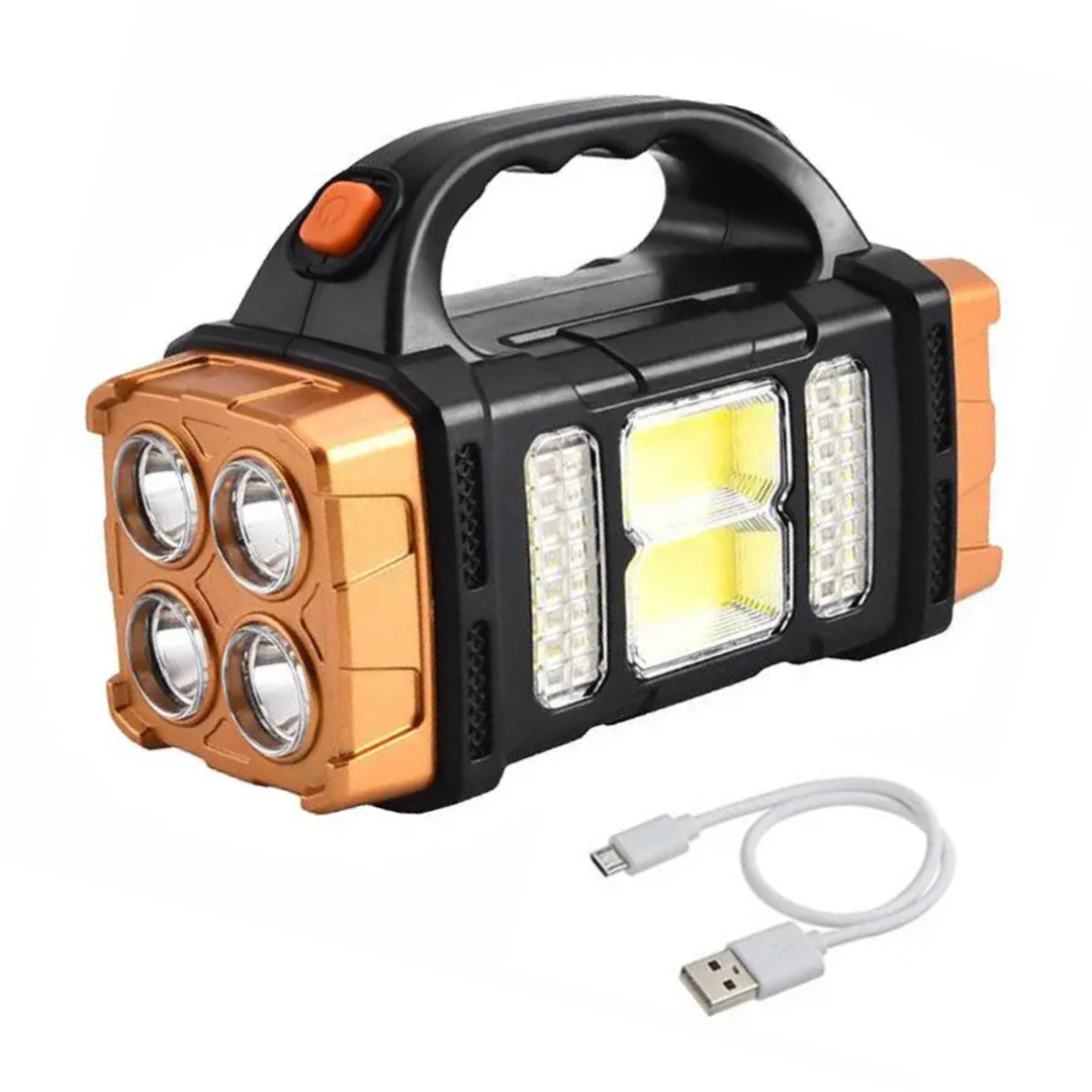 Tragbare LED-Taschenlampe, schwarz-orange, USB-aufladbar, mit vier Linsen und Tragegriff.