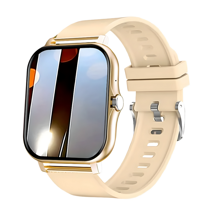 Beige Smartwatch mit rechteckigem Display und Silikonarmband, moderne Technologie, stilvolles Design.