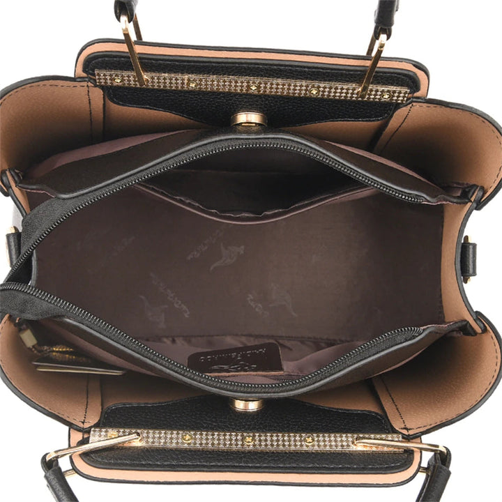 Schwarze Lederhandtasche mit goldenen Details, Innenfächer, Reißverschluss, elegante Damenmode.
