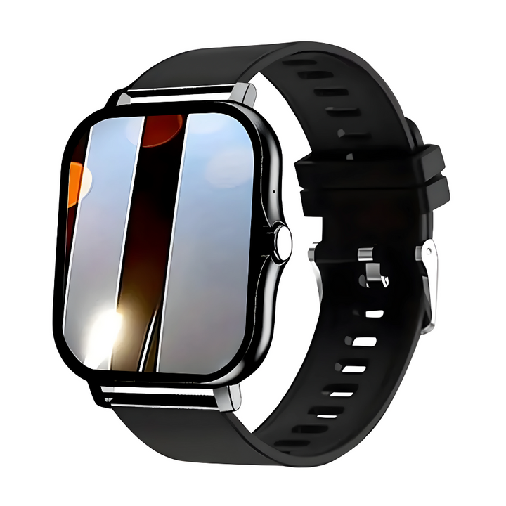 Schwarze Smartwatch mit rechteckigem Display und Silikonarmband, moderne Technologie.