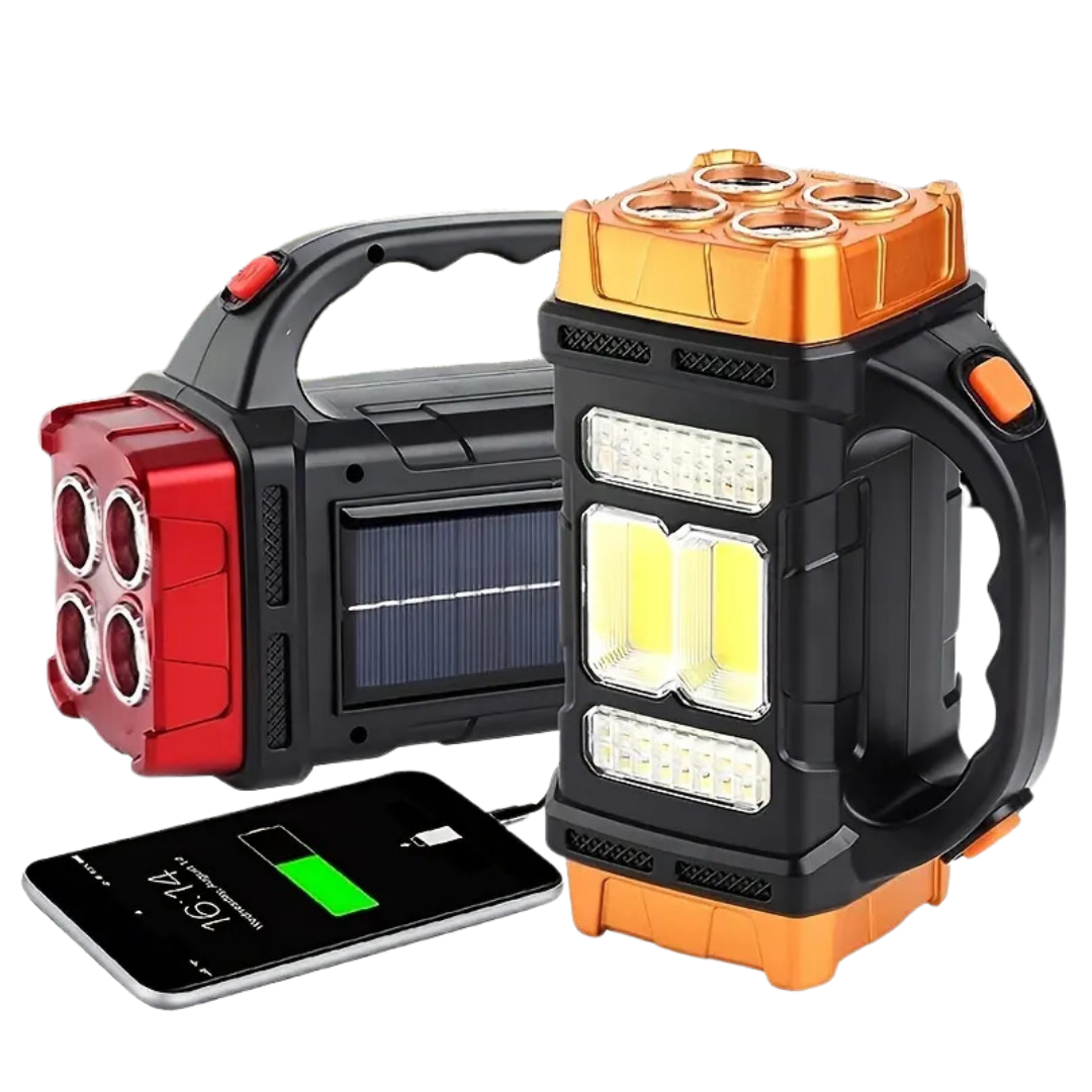 Tragbare LED-Solarlampe mit Powerbank, schwarz-orange, USB-Anschluss, für Outdoor-Camping.