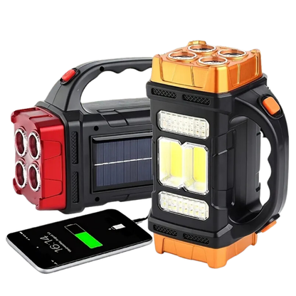 Tragbare LED-Solarlampe mit Powerbank, schwarz-orange, USB-Anschluss, für Outdoor-Camping.