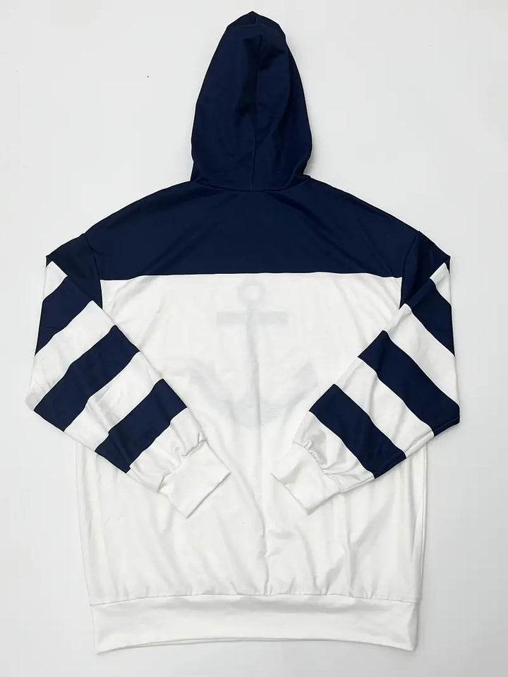 Marineblauer und weißer Hoodie mit Ankerdesign, gestreifte Ärmel, Unisex, Baumwolle.