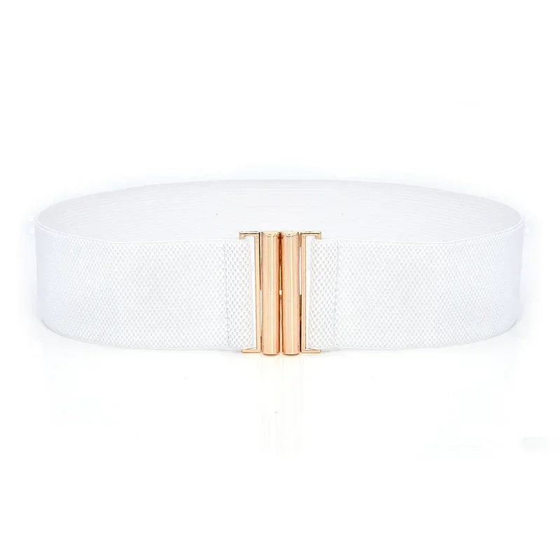 Weiße elastische Taillengürtel mit goldener Schnalle, modisches Accessoire für Damen.