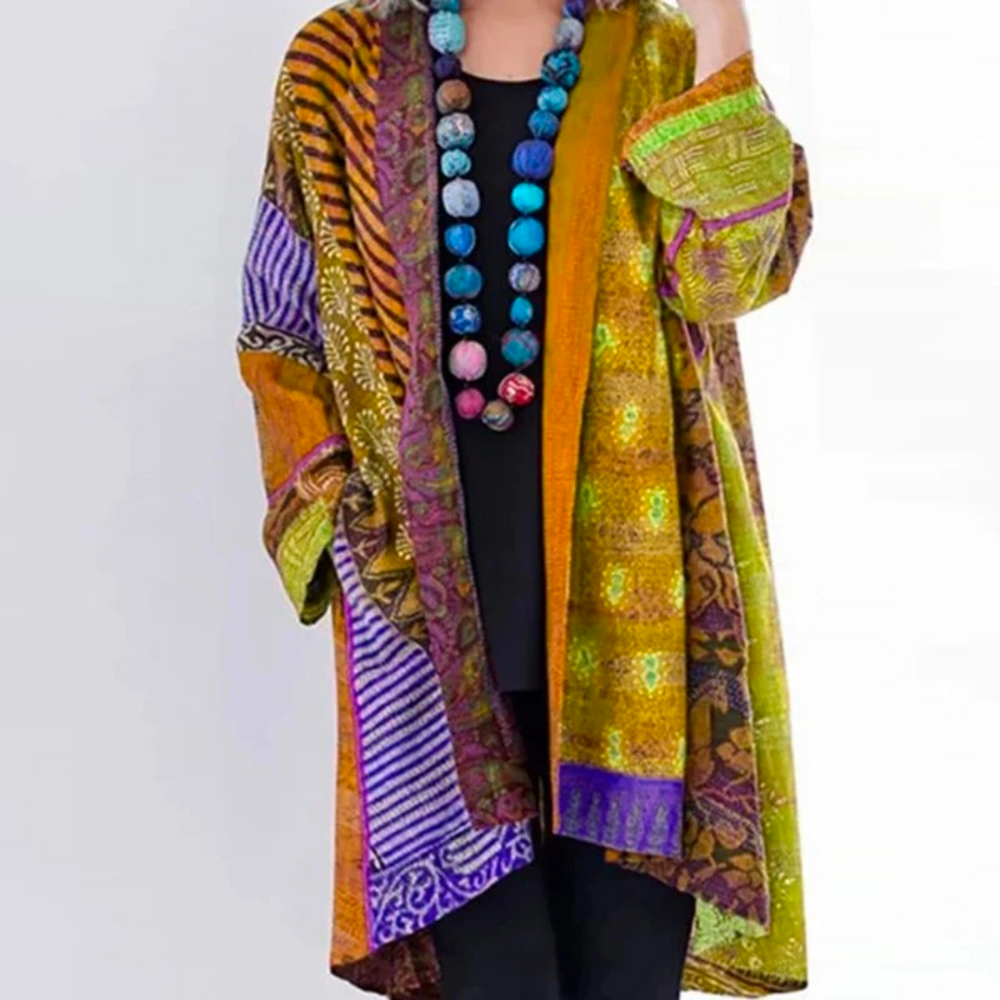 Podzimní boho pletený cardigan s barevným podzimním vzorem – Maravilla