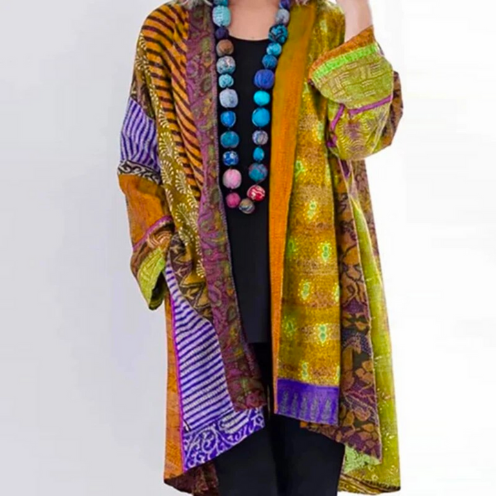 Podzimní boho pletený cardigan s barevným podzimním vzorem – Maravilla
