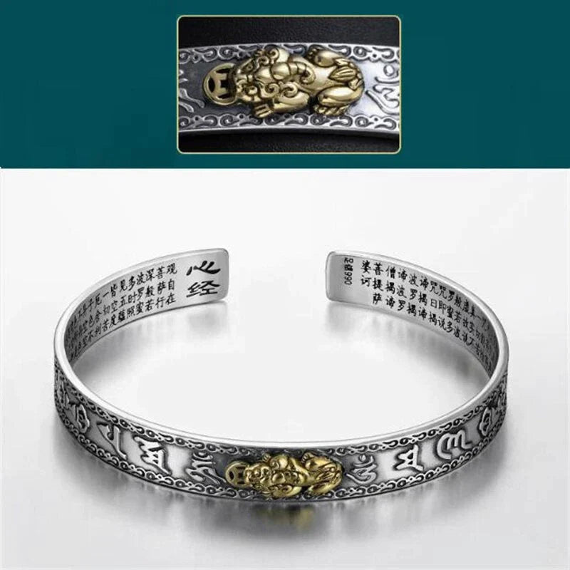 Silberarmreif mit chinesischen Schriftzeichen und goldener Drachenverzierung, Unisex-Schmuck.