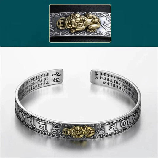 Silberarmreif mit chinesischen Schriftzeichen und goldener Drachenverzierung, Unisex-Schmuck.