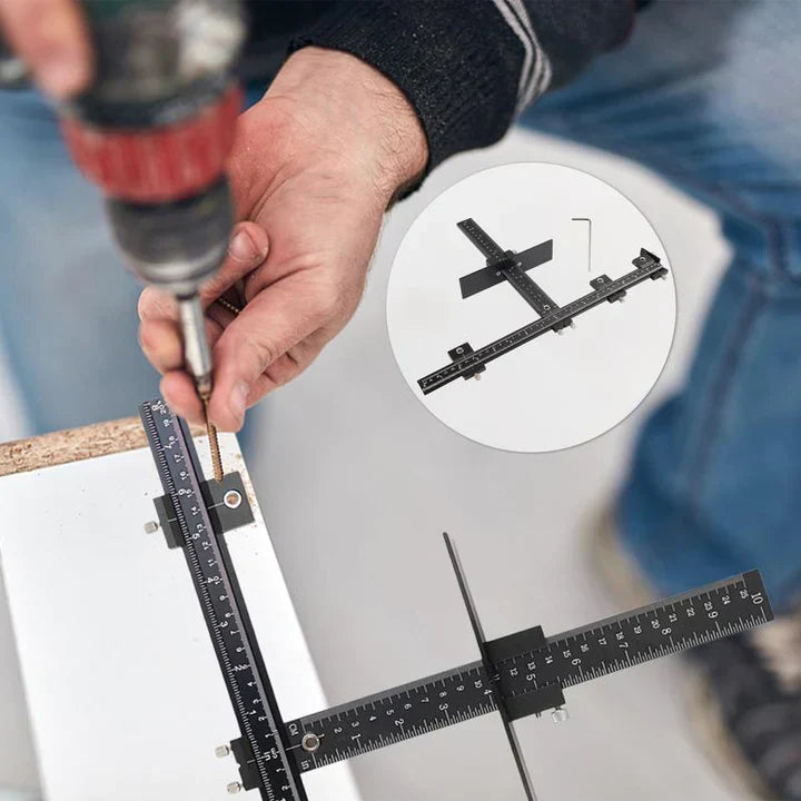 Möbel-Montagewerkzeug, schwarzes Metall, präzise Bohrhilfe, Heimwerker, Handwerker.