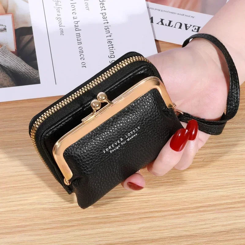 Schwarze Leder-Geldbörse mit Reißverschluss und Schnappverschluss, Damenhandtasche, elegant.
