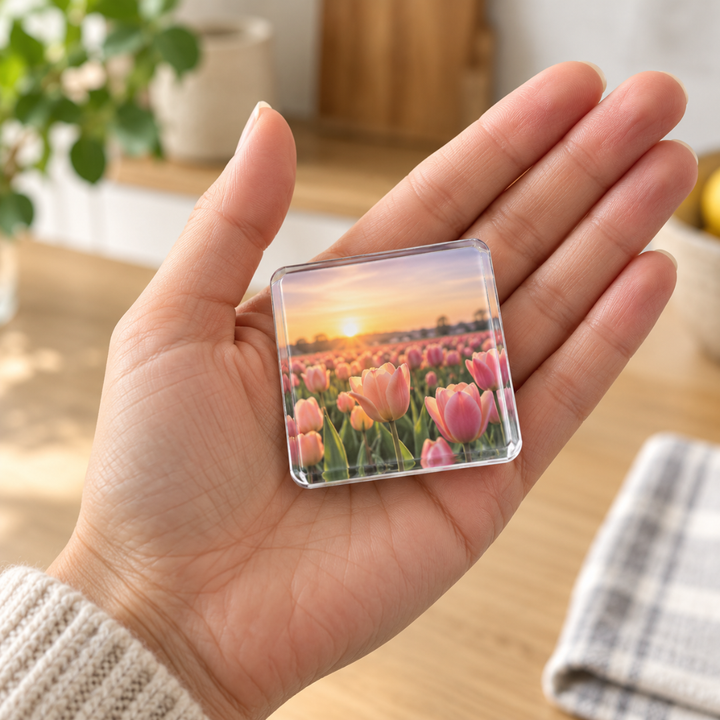 Čtvercový magnet s fotkou tulipánů při západu slunce na dlani ruky, ukazuje jeho velikost 6