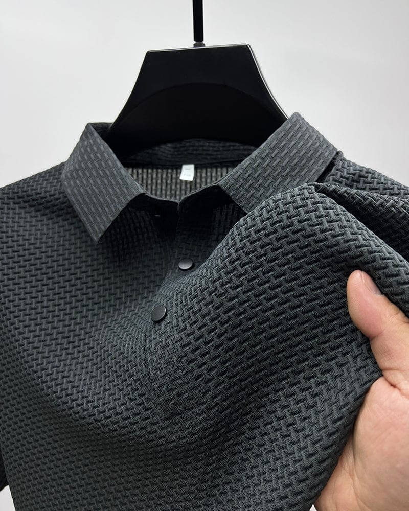 Dunkelgraues Polohemd mit strukturiertem Muster, Kurzarm, Baumwolle, Herrenmode.