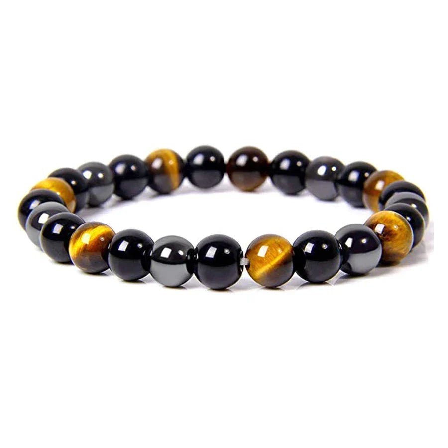 Armband aus Tigerauge und Onyx, elastisch, schwarz-gold, Schmuck für Damen und Herren.